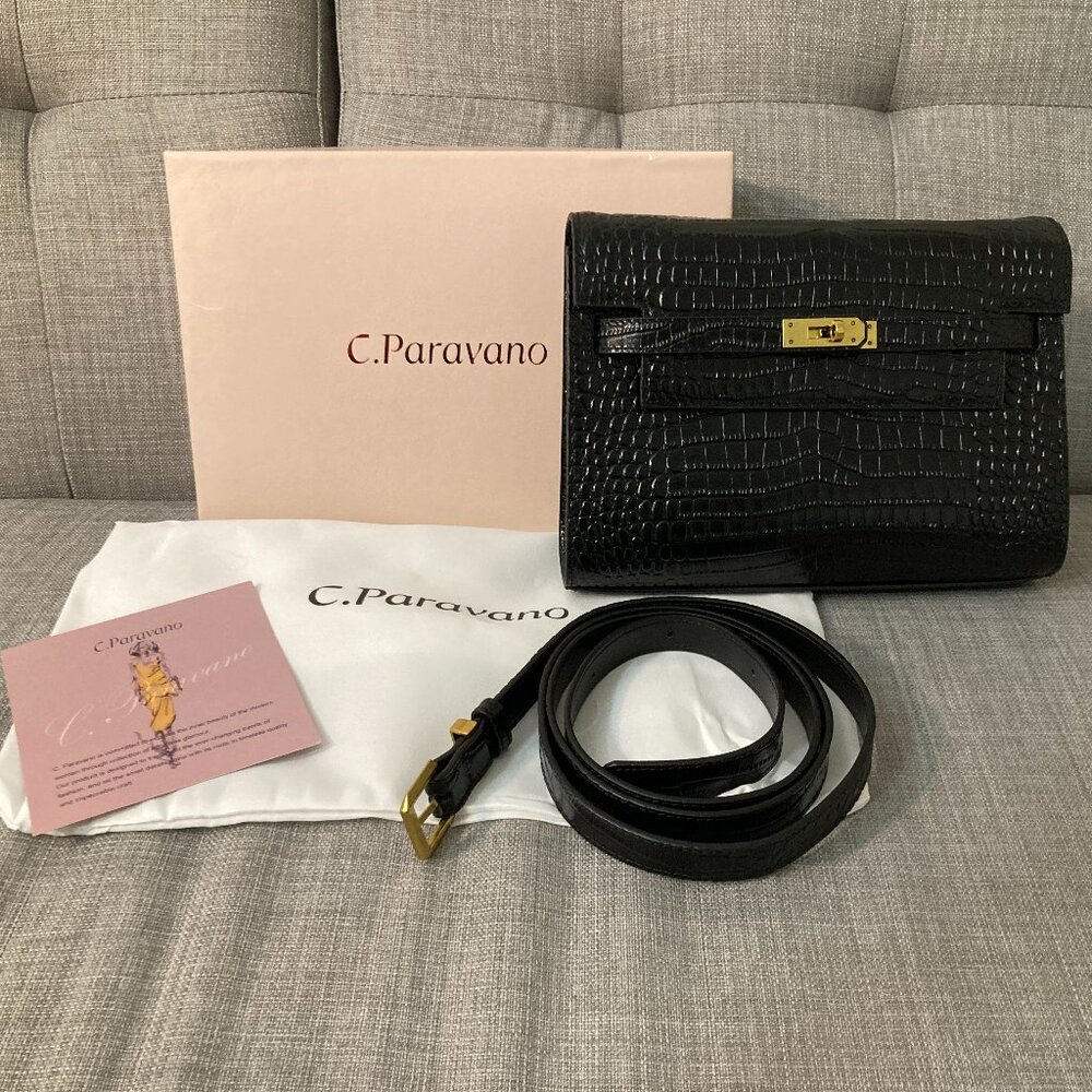 Croc Embossed Belted Black Crossbody Shoulder Clutch Bag
